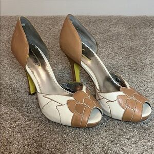 Poetic License: Elegant Tan and Cream Peep-Toe Heels